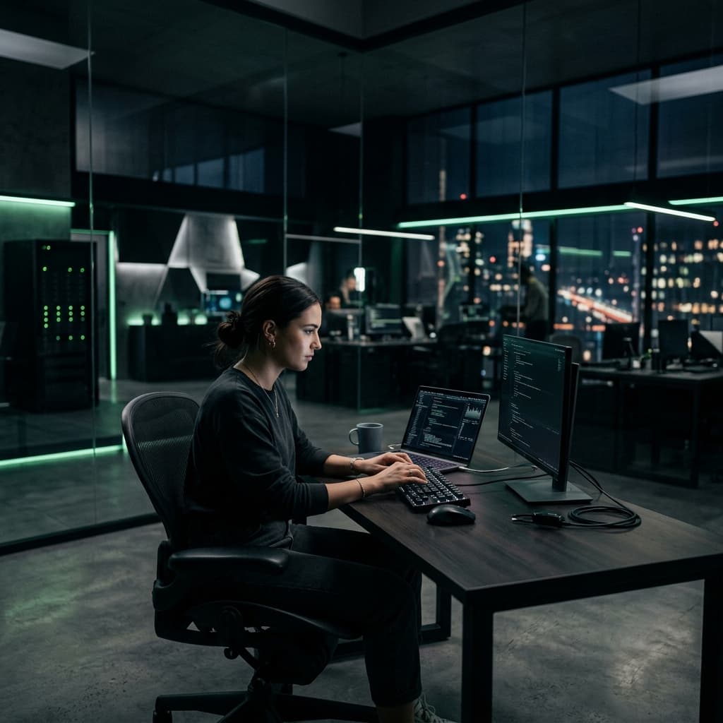 Student working on a modern laptop in a dark tech office